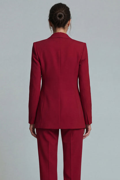 Close-up back view of burgundy fitted blazer with clean structured seams tailored waist and straight-leg trouser – Una Una

