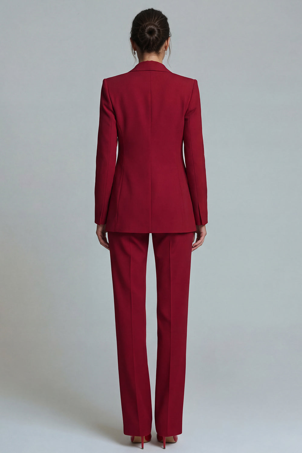 Women's burgundy tailored blazer and straight-leg trouser work suit set back view with structured seam detail – Una Una

