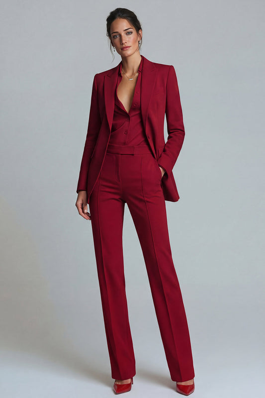 Women's burgundy notch lapel open-front blazer and straight-leg trouser work suit set front view – Una Una
