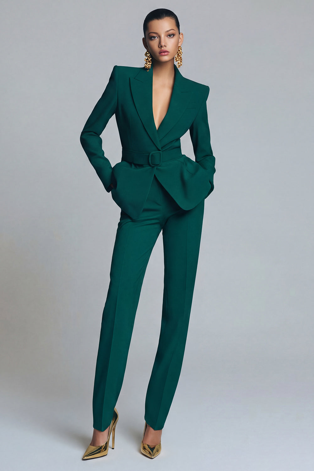 Women's emerald green shawl lapel belted blazer and slim tapered trouser suit set front view – Una Una

