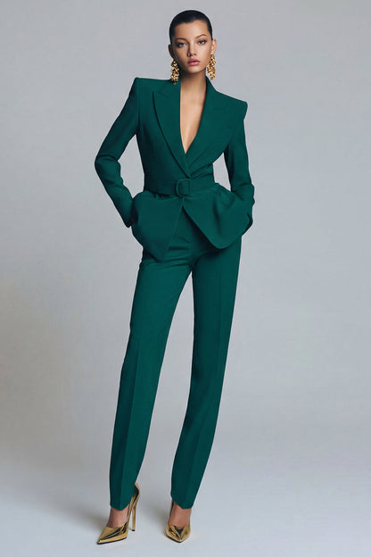 Women's emerald green shawl lapel belted blazer and slim tapered trouser suit set front view – Una Una


