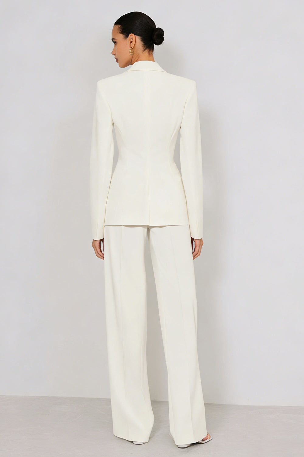Women's ivory tailored blazer and wide-leg trouser formal suit set back view with structured seam detail – Una Una