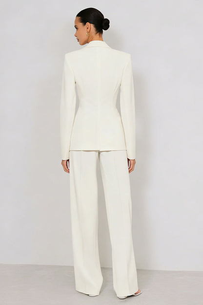 Women's ivory tailored blazer and wide-leg trouser formal suit set back view with structured seam detail – Una Una