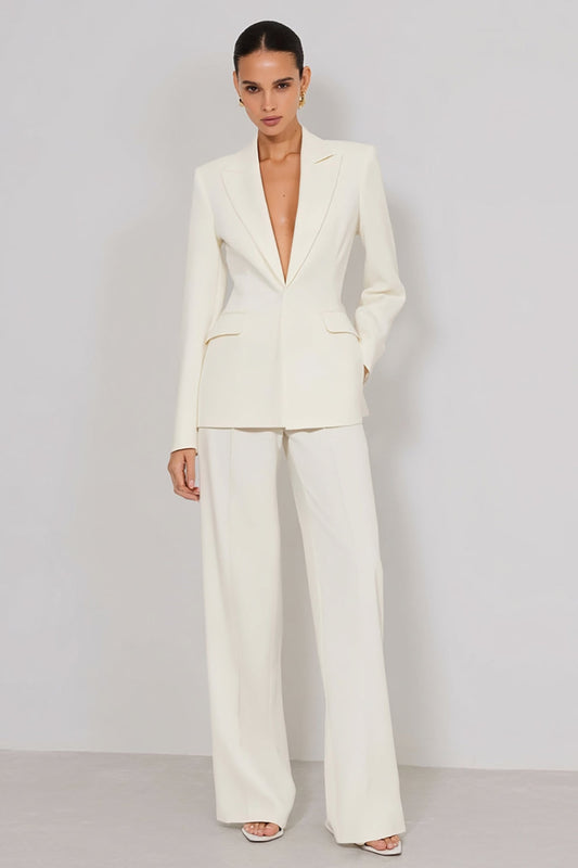 Women's ivory peak lapel open-front blazer and wide-leg trouser formal suit set front view – Una Una