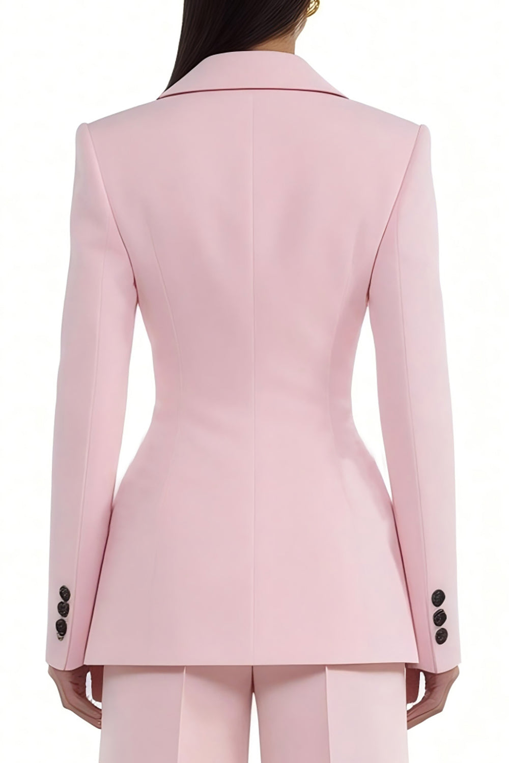 Close-up back view of blush pink fitted blazer with structured seams and three-button cuff detail – Una Una