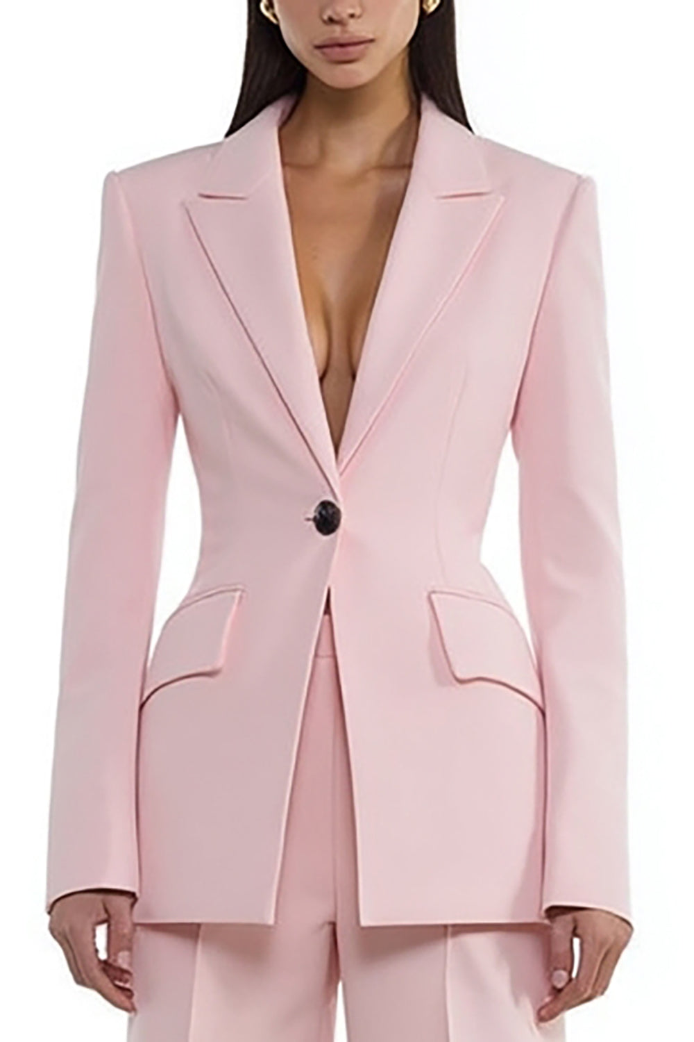 Close-up of blush pink peak lapel single-button blazer with contrast-trimmed flap pockets – Una Una
