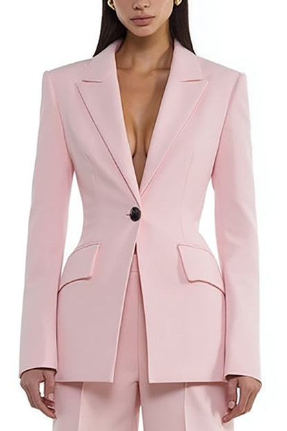 Close-up of blush pink peak lapel single-button blazer with contrast-trimmed flap pockets – Una Una