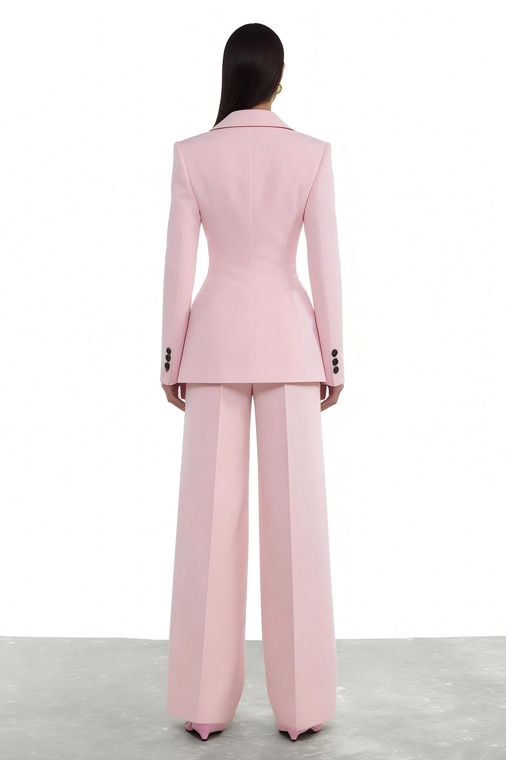 Women's blush pink tailored blazer and wide-leg trouser suit set back view with button cuff detail – Una Una