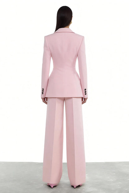Women's blush pink tailored blazer and wide-leg trouser suit set back view with button cuff detail – Una Una