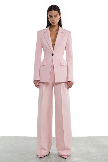 Women's blush pink peak lapel one-button blazer and wide-leg trouser suit set front view – Una Una
