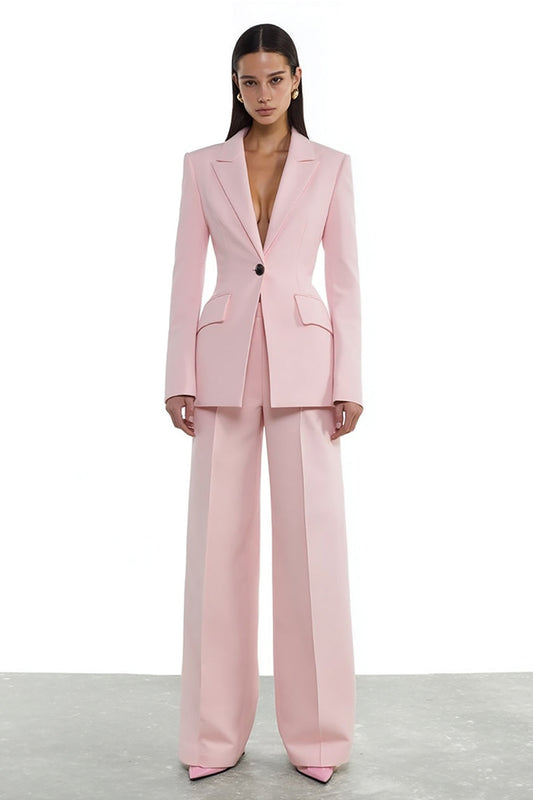 Women's blush pink peak lapel one-button blazer and wide-leg trouser suit set front view – Una Una