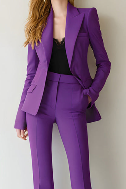 Close-up of purple notch lapel blazer with flap pocket and high-waist flare trouser detail – Una Una