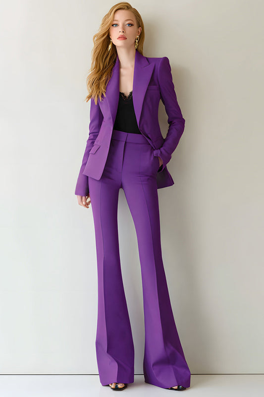 Women's purple notch lapel open-front blazer and flare trouser two-piece suit set front view – Una Una